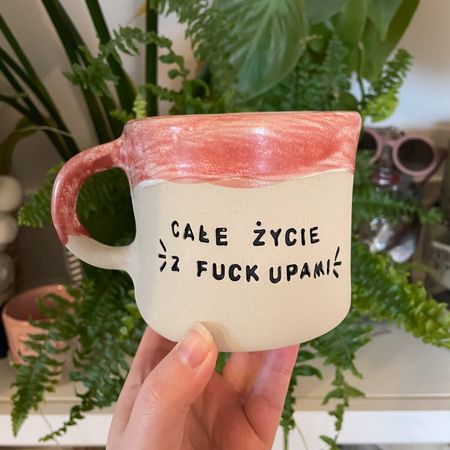 Kubek Całe życie z fuckupami - różowo-białe szkliwo, 350 ml  - lekko uszczerbiony