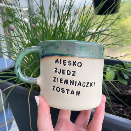 Kubek ceramiczny „Mięsko zjedz, ziemniaczki zostaw”